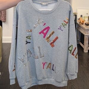 Gray Sweatshirt with Colorful Sequin 'Y'ALL' Design